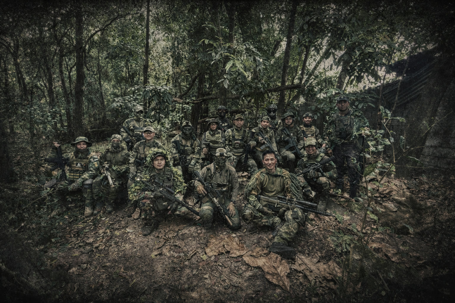 A squad keeps watch as light fades over the field.
